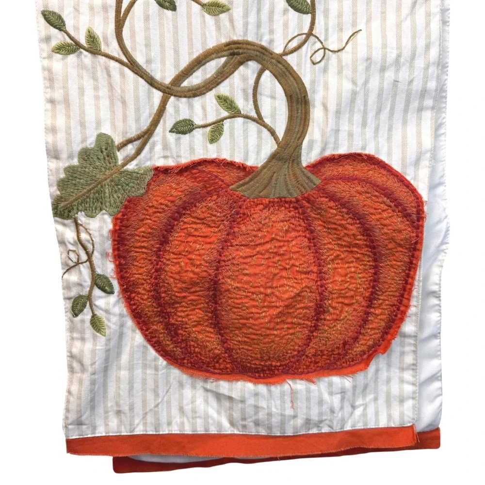 Pier 1 Imports‎ Table Runner 66x13 Pumpkin Stripe Embroidered Fall Thanksgiving